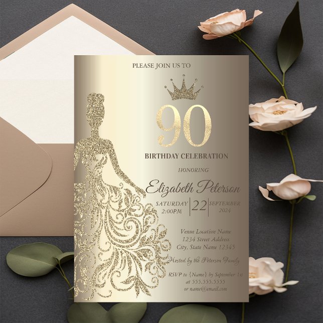 Glitter Dress, Diamonds Champagne 90th Birthday Invitation (Creator Uploaded)