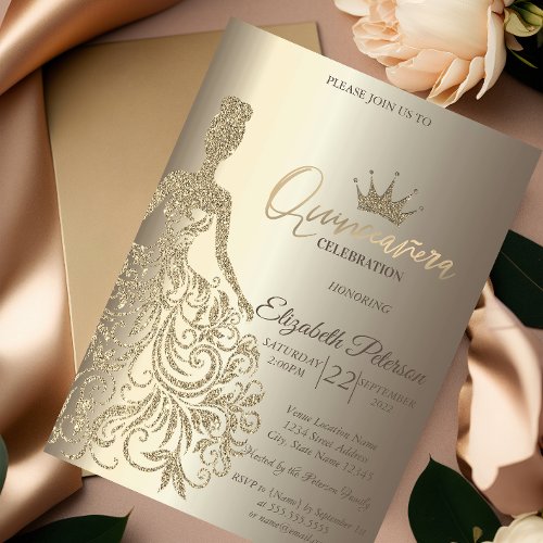 Glitter Dress Diamonds Champagne Quinceaera  Invitation