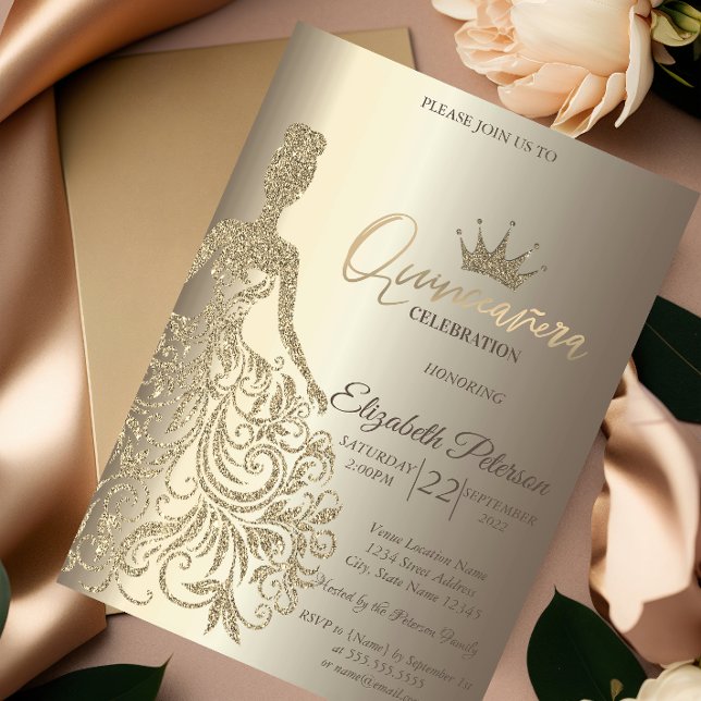 Glitter Dress, Diamonds Champagne Quinceañera  Invitation (Creator Uploaded)