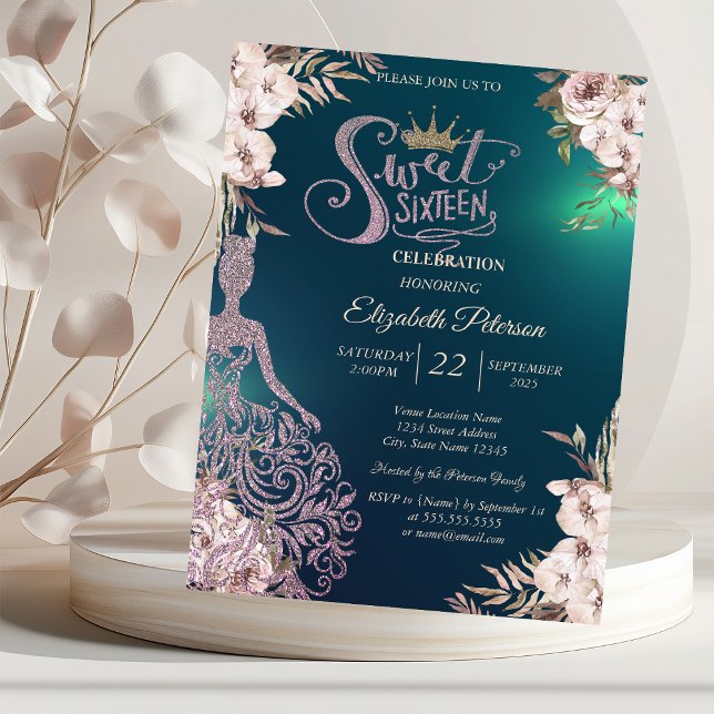 Glitter Dress,Diamonds Flowers Green Sweet 16  Invitation (Creator Uploaded)