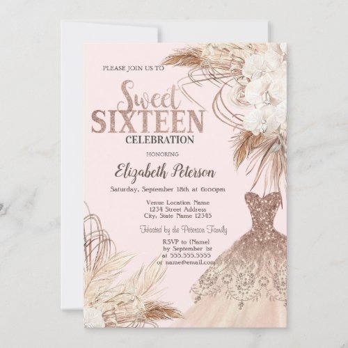 Glitter DressPampas GrassBoho Flowers Sweet 16   Invitation