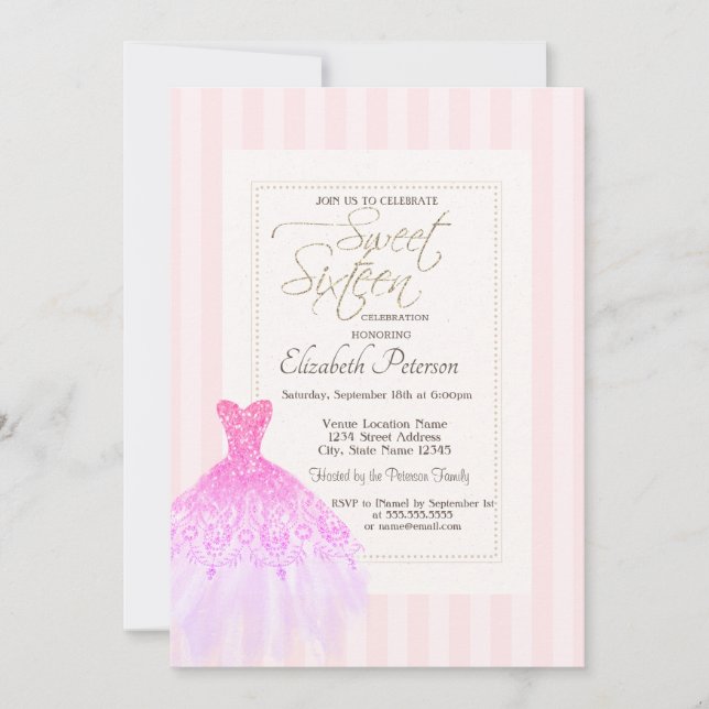 Glitter Dress Pink Stripes Sweet 16 Invitation (Front)