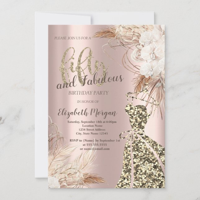 Glitter Dress, Rose Gold Boho Flower 50th Birthday Invitation (Front)