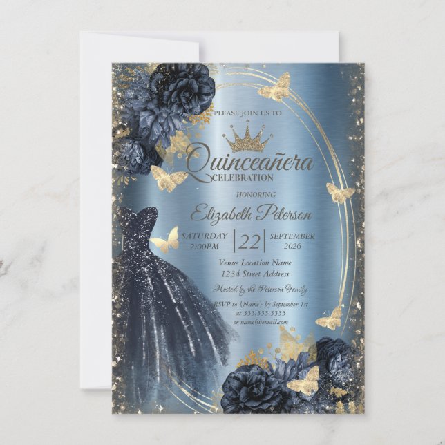 Glitter Dress,Roses,Butterflies Blue Metallic Invitation (Front)