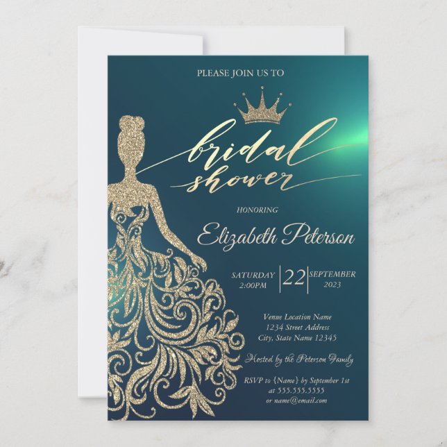 Glitter Dress,Tiara, Diamonds Green Bridal Shower Invitation (Front)