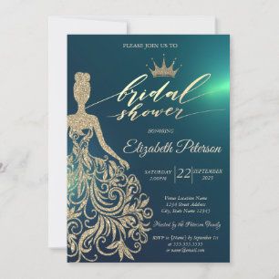 Glitter Dress,Tiara, Diamonds Green Bridal Shower Invitation