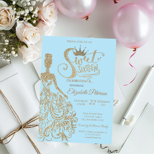 Glitter Dress,Tiara, Diamonds Light Blue Sweet 16 Invitation