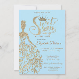 Glitter Dress,Tiara, Diamonds Light Blue Sweet 16 Invitation