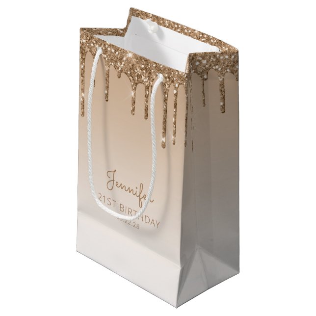 Glitter Drip 21st Birthday Gold Small Gift Bag (Front Angled)