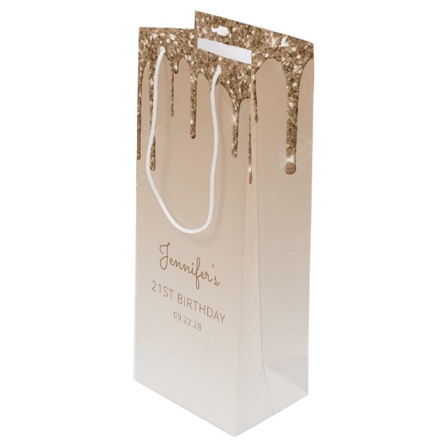Glitter Drip 21st Birthday Gold Wine Gift Bag (Front Angled)