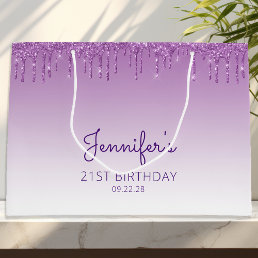 Glitter Drip 21st Birthday Purple Large Gift Bag