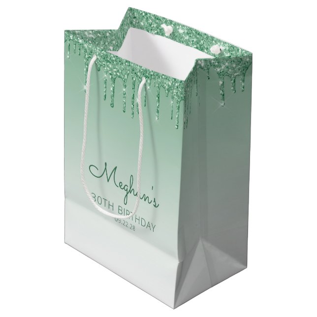 Glitter Drip 30th Birthday Green Medium Gift Bag (Front Angled)