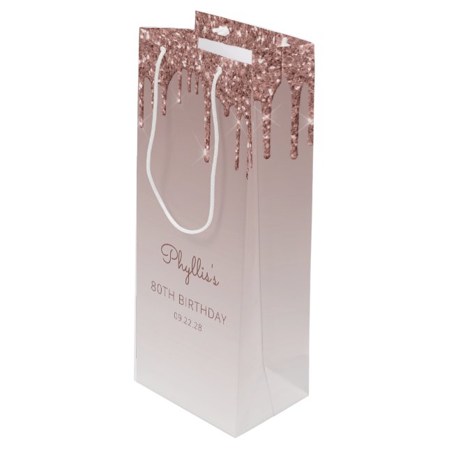 Glitter Drip 80th Birthday Rose Gold Wine Gift Bag (Front Angled)