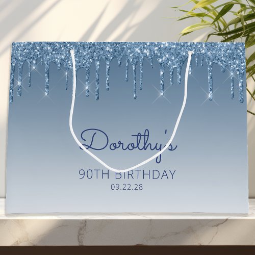 Glitter Drip 90th Birthday Blue Large Gift Bag