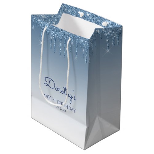 Glitter Drip 90th Birthday Blue Medium Gift Bag