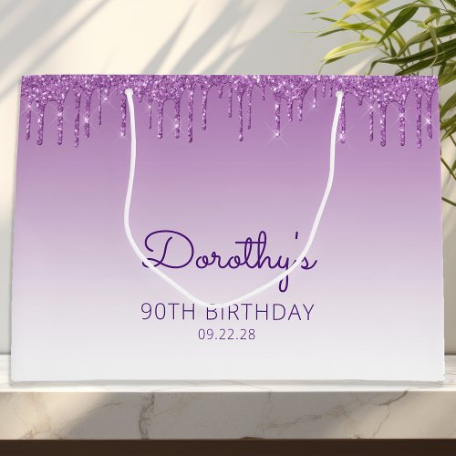 Glitter Drip 90th Birthday Purple Large Gift Bag