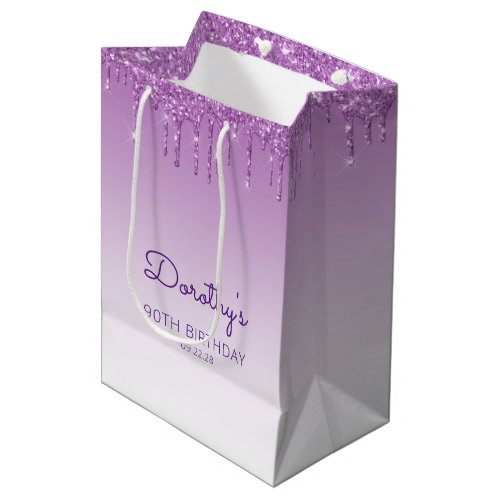 Glitter Drip 90th Birthday Purple Medium Gift Bag