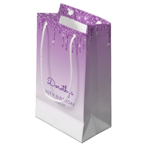 Glitter Drip 90th Birthday Purple Small Gift Bag