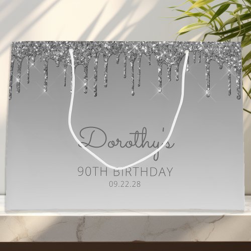 Glitter Drip 90th Birthday Silver Large Gift Bag