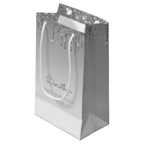 Glitter Drip 90th Birthday Silver Small Gift Bag