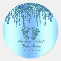 Glitter Drip Blue Baby Feet Baby Shower Classic Round Sticker