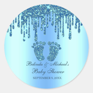 Glitter Drip Blue Baby Feet Baby Shower Classic Round Sticker