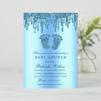 Glitter Drip Blue Baby Feet Baby Shower Invitation