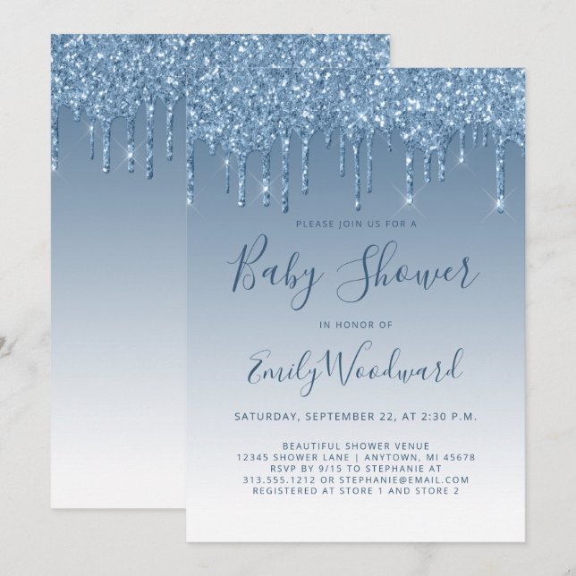 Glitter Drip Blue Baby Shower Invitation (Front/Back)