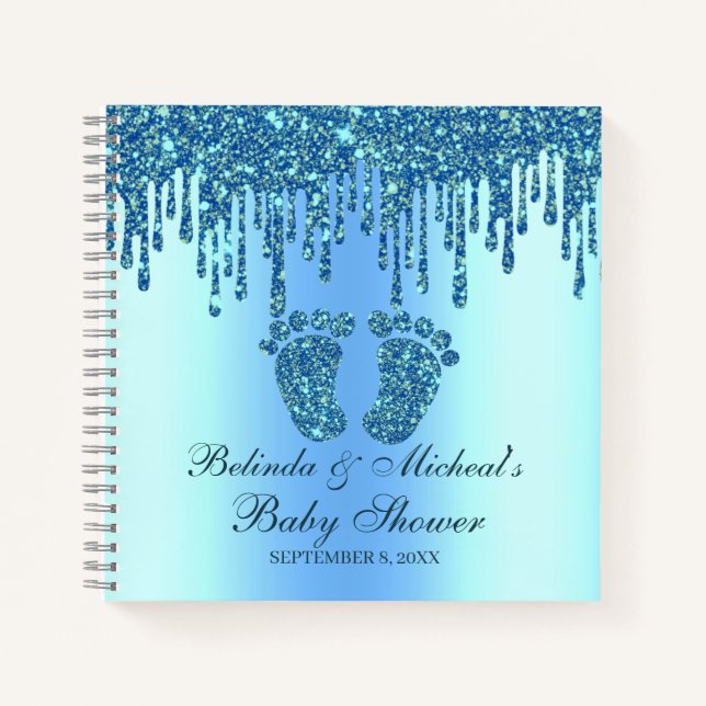 Glitter Drip Blue Feet Baby Shower Guestbook Notebook (Front)