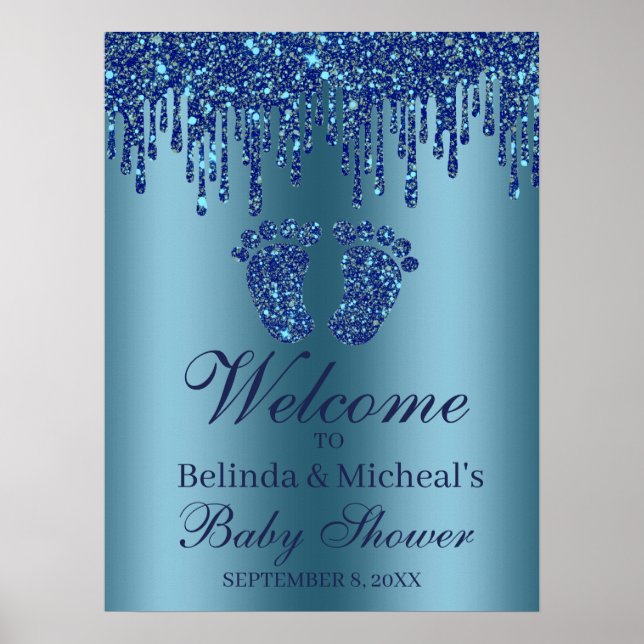 Glitter Drip Blue Feet Baby Shower Welcome Sign (Front)