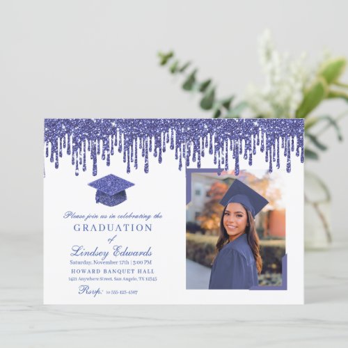 Glitter Drip Blue Graduation Photo Invitation