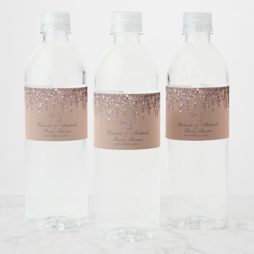 Glitter Drip Bronze Baby Feet Baby Shower Water Bottle Label