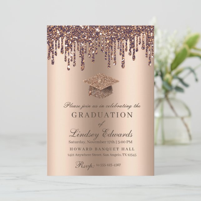 Glitter Drip Bronze Gold Graduation Invitation (Standing Front)