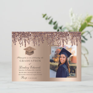 Glitter Drip Bronze Gold Graduation Photo Invitation