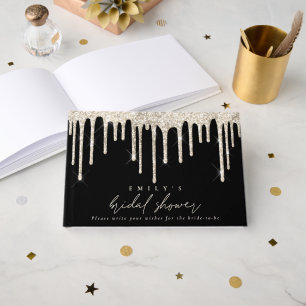 Glitter Drip Cream Script Bridal Shower Black Guest Book