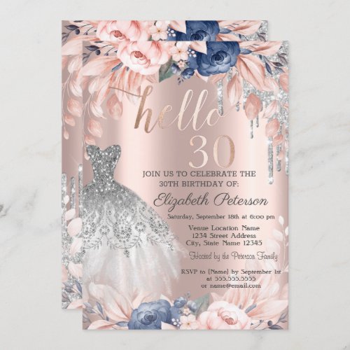 Glitter Drip Dress Blue Flowers 30th Birthday  Invitation