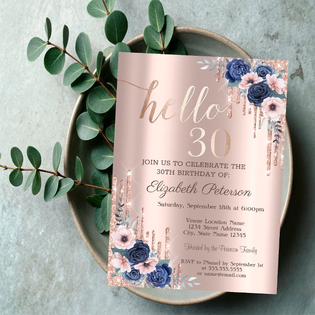 Glitter Drip Dress Blue Flowers 30th Birthday  Invitation (Creator Uploaded)