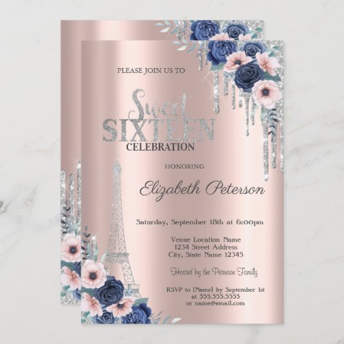  Glitter DripEiffel Tower Blue Roses Sweet 16  Invitation