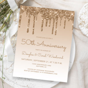 Glitter Drip Gold 50th Anniversary Invitation Postcard