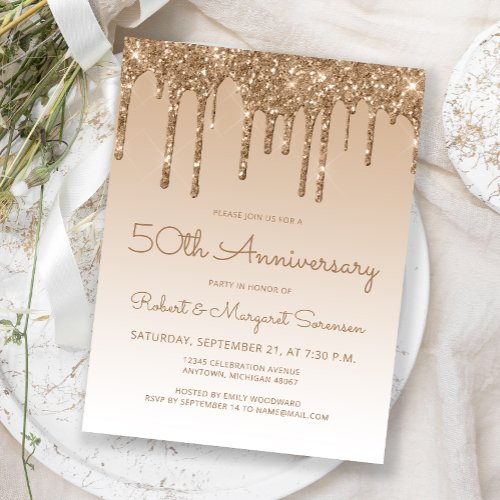 Glitter Drip Gold 50th Anniversary Invitation