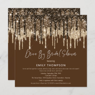 Glitter Drip Gold Brown Drive By Bridal Shower Invitation