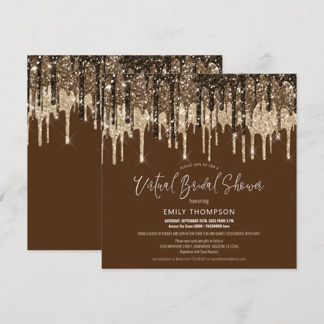 Glitter Drip Gold Brown Virtual Bridal Shower Invitation (Front/Back)