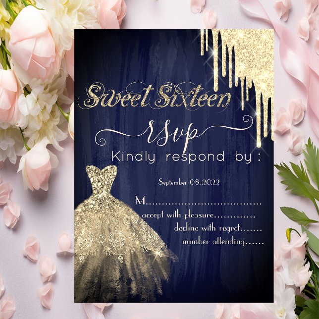  Glitter Drip Gold Dress Blue Sweet 16 RSVP   Invitation (Creator Uploaded)