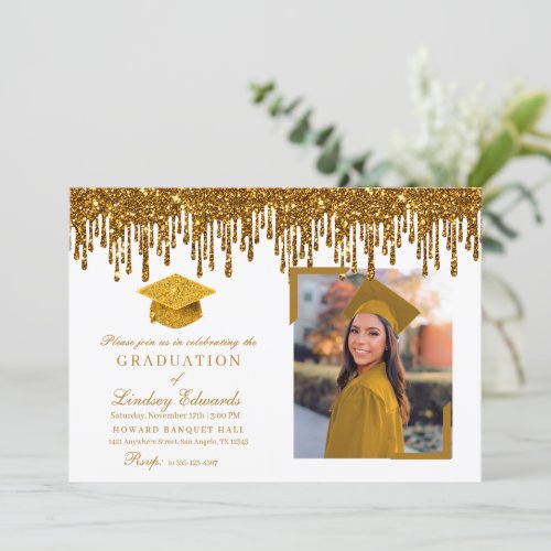 Glitter Drip Gold Graduation Photo Invitation