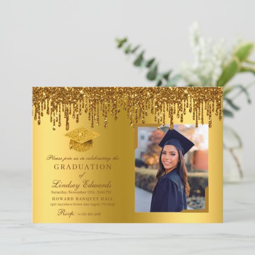 Glitter Drip Gold Graduation Photo Invitation