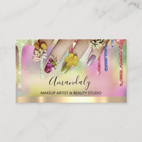 Glitter Drip Holograph Nail Manicure Florals Business Card