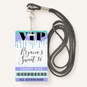 Glitter Drip Mermaid Teal Purple Sweet 16 VIP Pass Badge