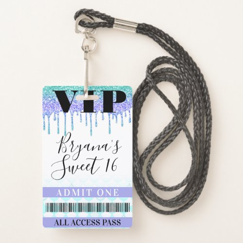 Glitter Drip Mermaid Teal Purple Sweet 16 VIP Pass Badge