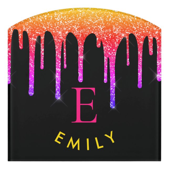 Glitter Drip Monogram Pink Yellow Black Name Door Sign (Contour Front)