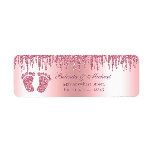 Glitter Drip Pink Baby Feet Baby Shower Address Label (Front)